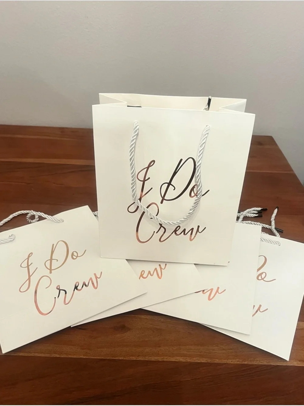 “I Do Crew” White Bachelorette Gift Bags with Rose Gold Script (Set of 5)